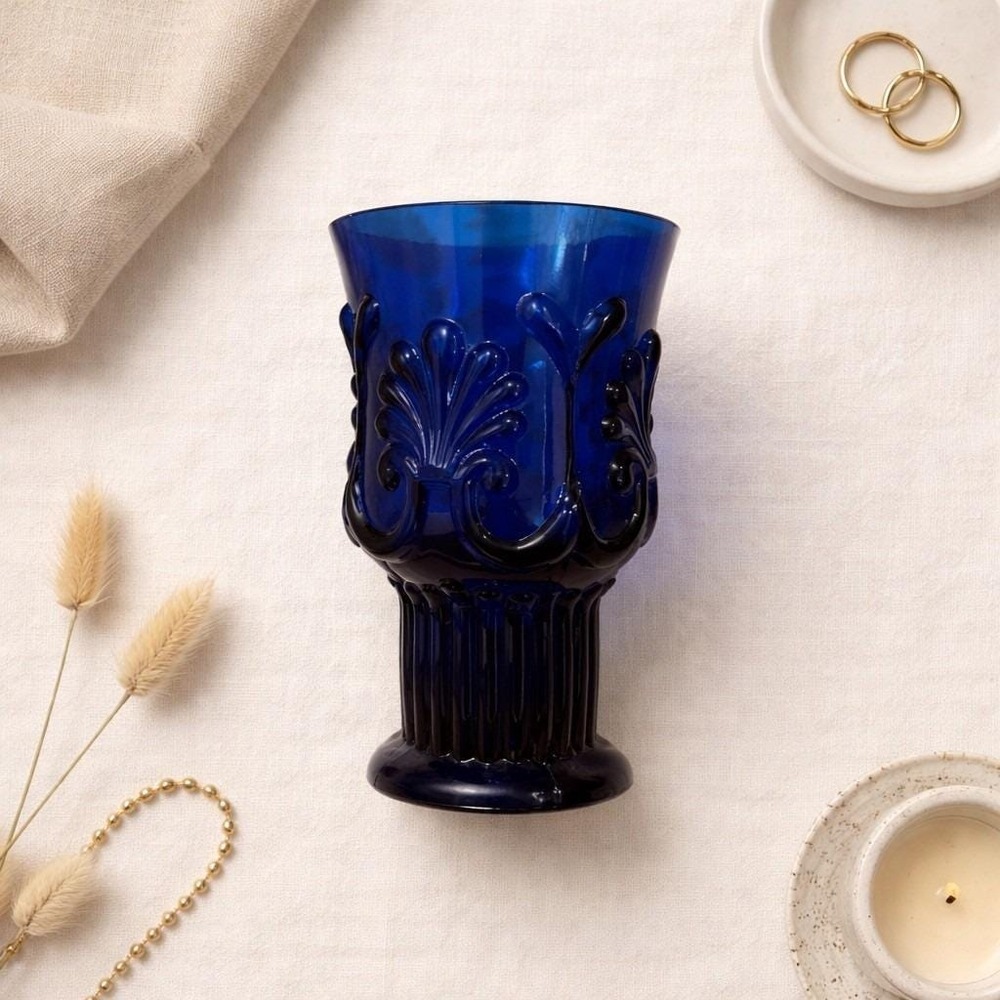 Pilgrim Glass Adams Cobalt Blue Vase Shell Fan Pattern Vintage Mid Century MCM